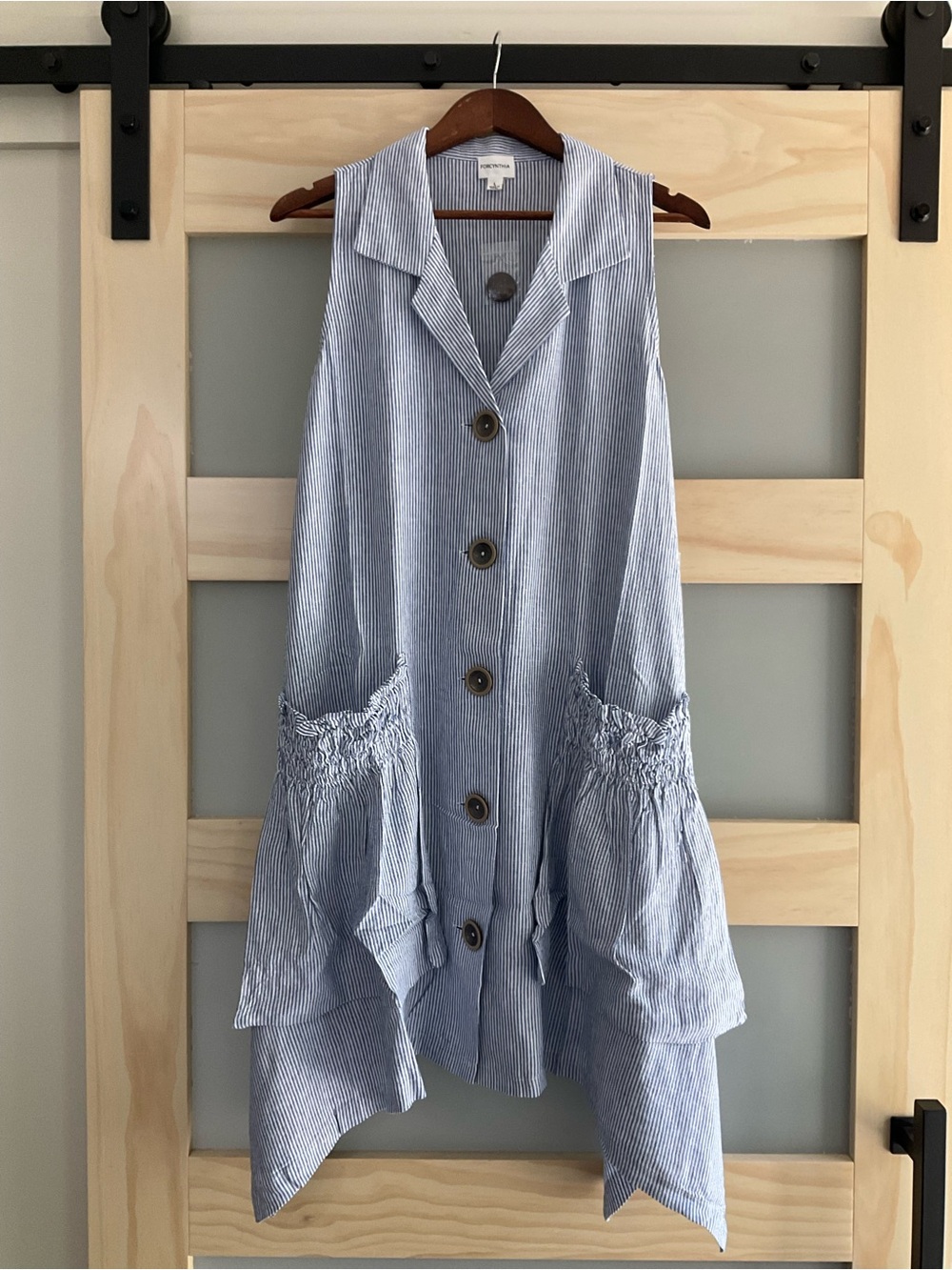 ForCynthia Blue Stripe Linen Blend Sleeveless Sharkbite Tunic Dress Large